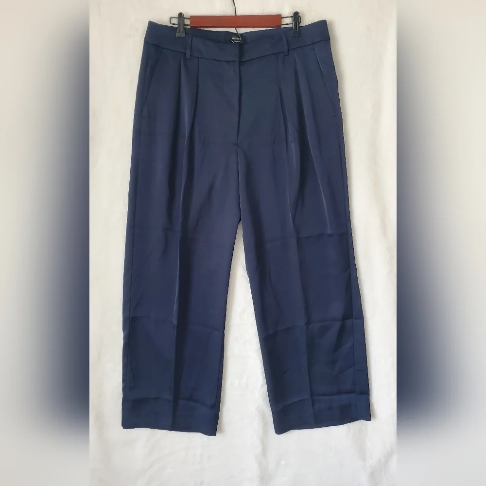 Banana Republic SILKY Relaxed Wide Leg Pleated Navy Blue Trousers Size 14 RT$120